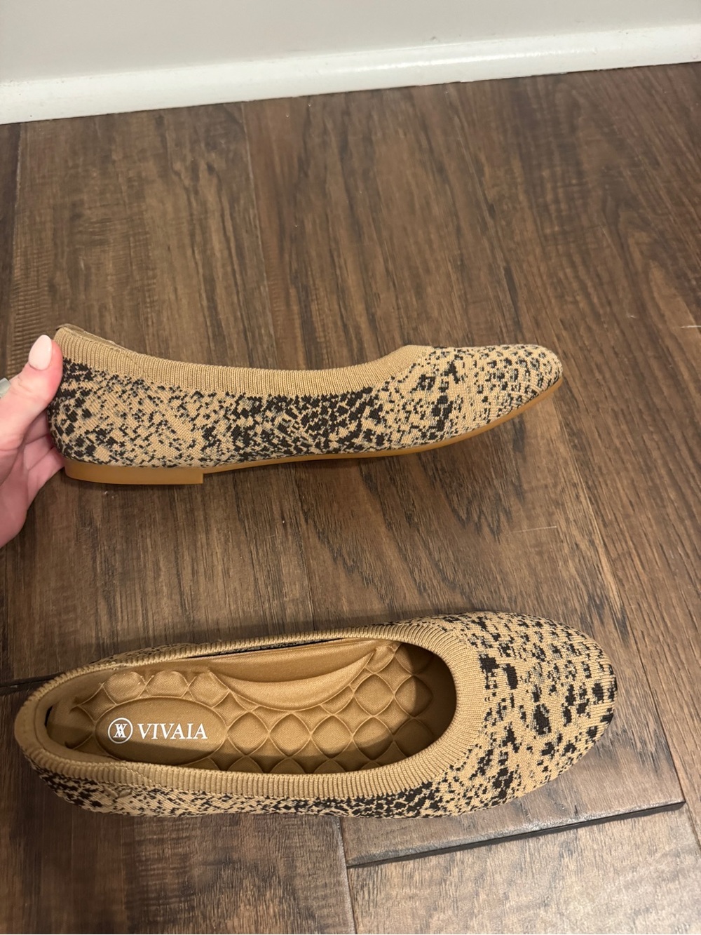Vivaia Tan Snake-Print Knit Ballet Flats